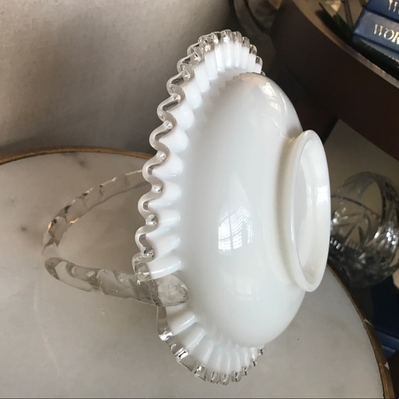 Exquisite Fenton Milk Glass Divided Bowl with Handle & Silvercrest Ruffle Rim - Picture 10 of 13